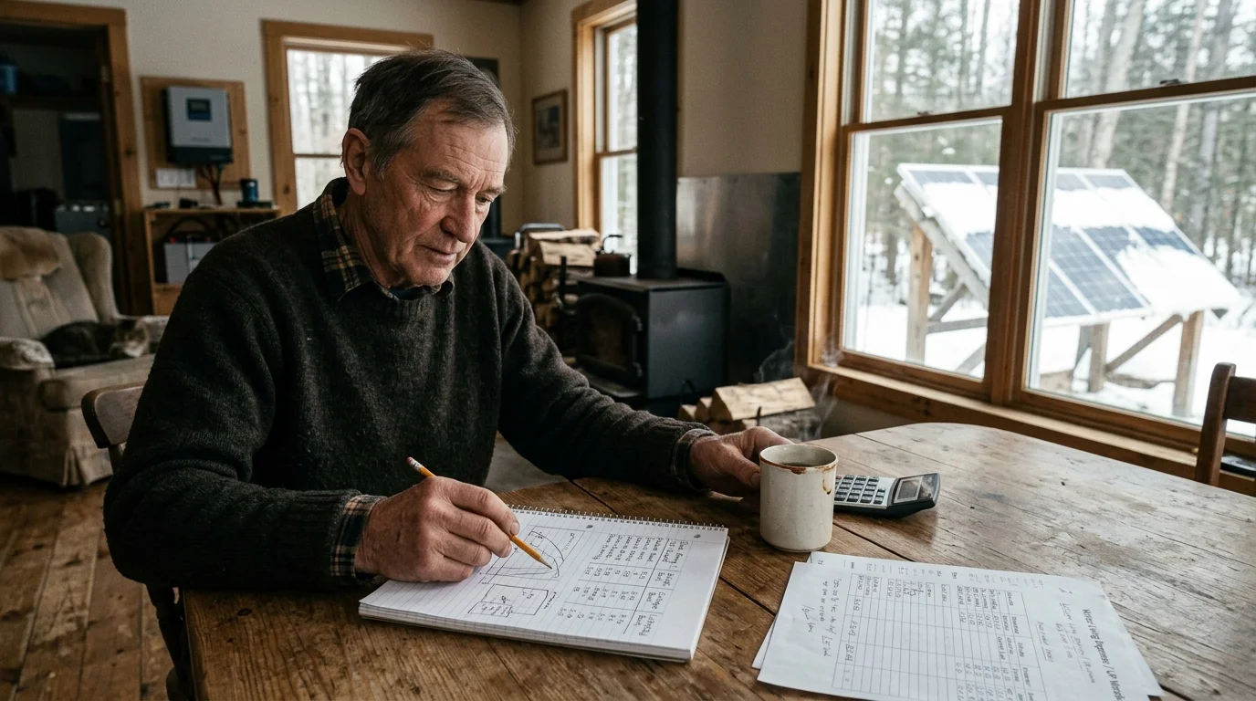 Older man sitting at a wooden table with handwritten notes and a calculator, near a window showing snowy solar panels.