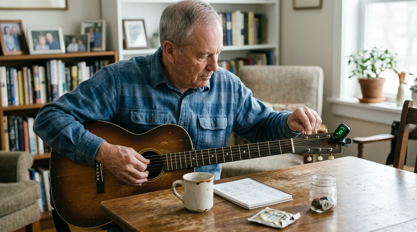 A man sits at a wooden table tuning an acoustic parlor guitar using a clip-on digital tuner on the headstock.