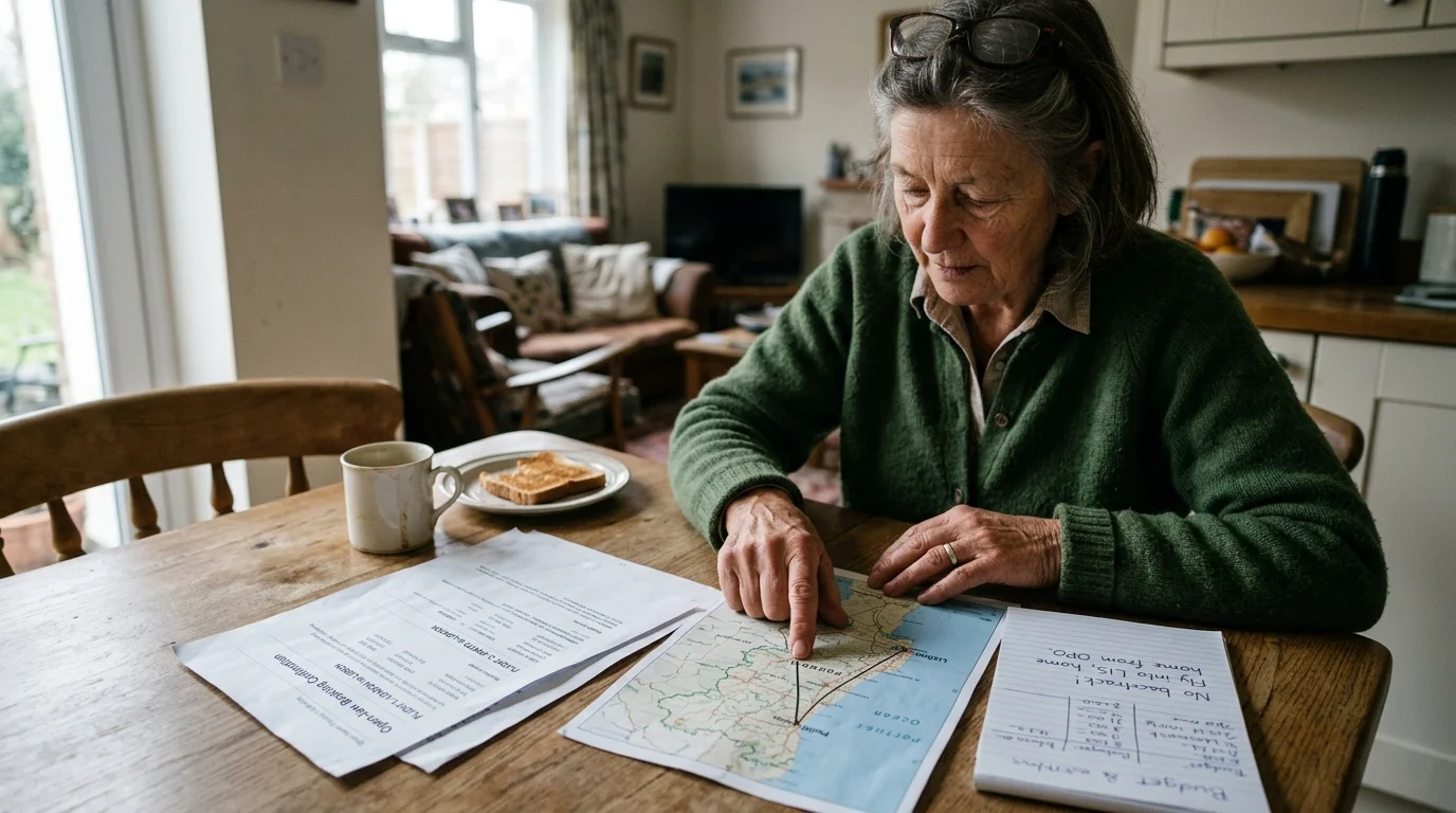 A woman sitting at a dining table points at a travel map alongside flight confirmations and handwritten notes.