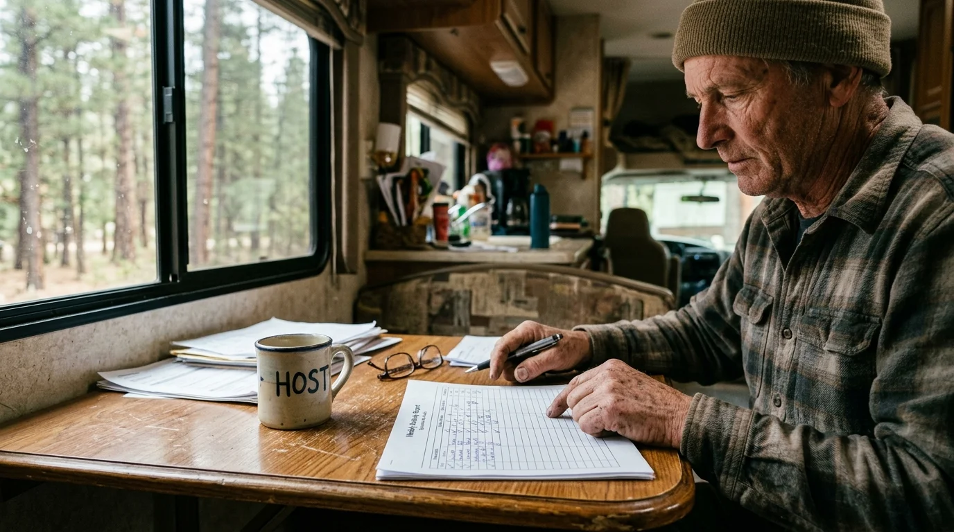 A man in a beanie and plaid shirt reviews paperwork at an RV table beside a ceramic mug marked HOST.