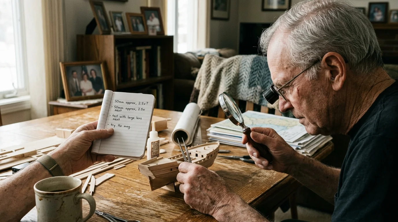 Older man using a magnifying glass and loupe to inspect a wooden model ship under construction at a table.