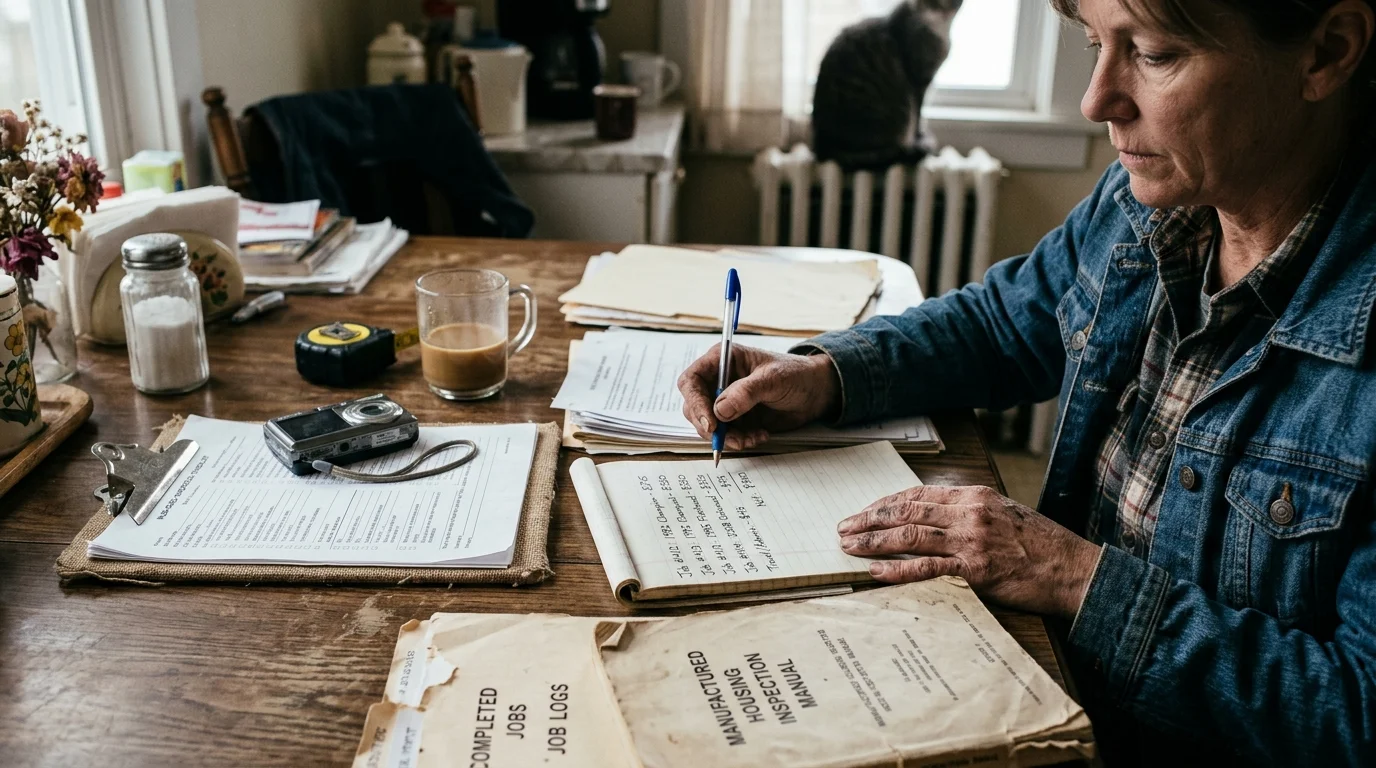 Person in a denim jacket writes in a notepad surrounded by inspection manuals, clipboards, a camera, and a tape measure.