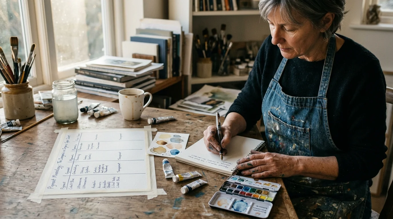 An artist in a denim apron sits at a wooden table writing notes beside a hand-drawn pigment chart and watercolor paints.