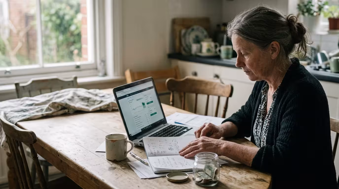 Older woman sitting at a wooden kitchen table reviewing financial accounts on a laptop beside a notebook.