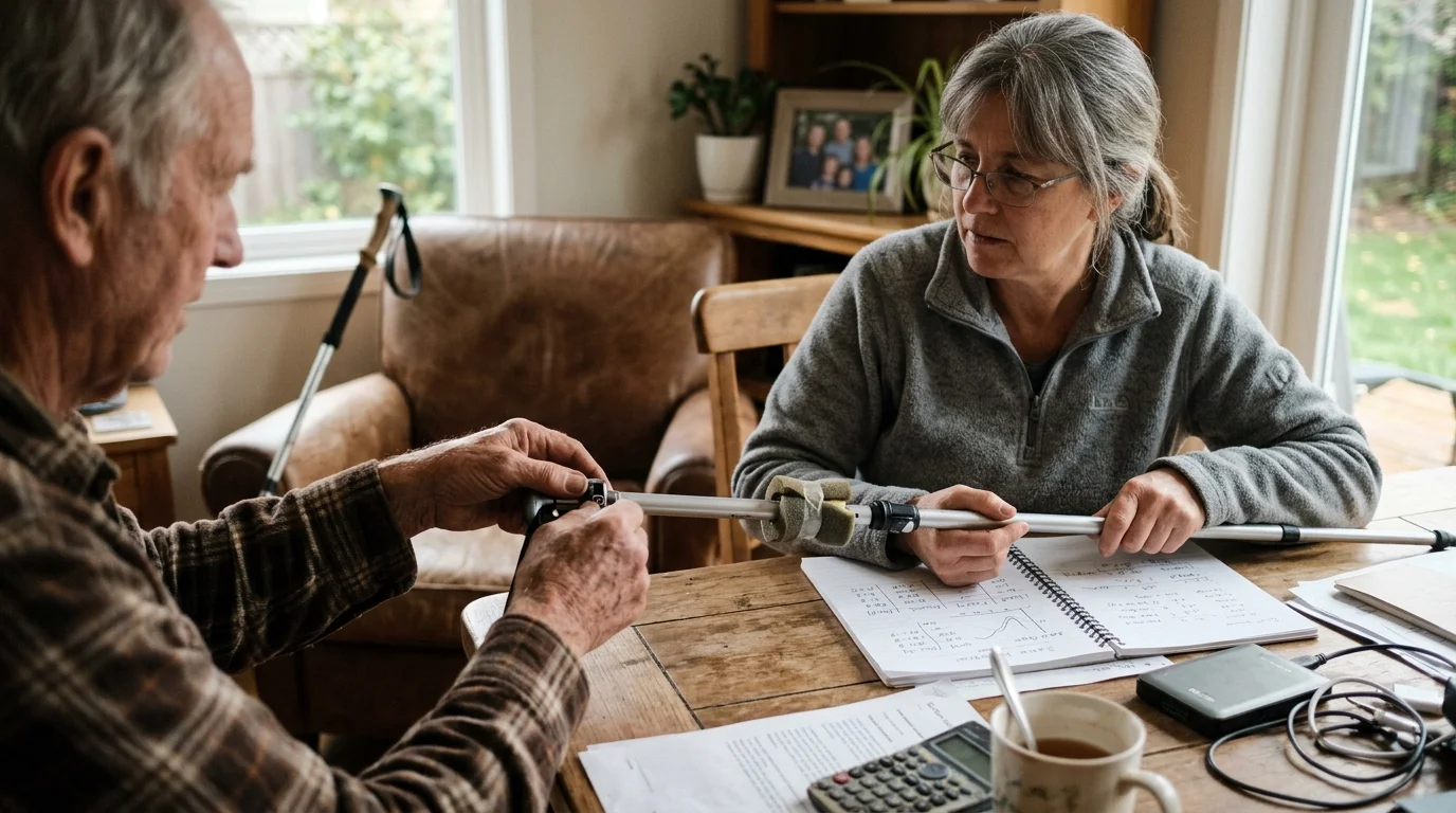 A man and woman sit at a wooden table examining an adjustable metal trekking pole with notebooks and papers laid out.