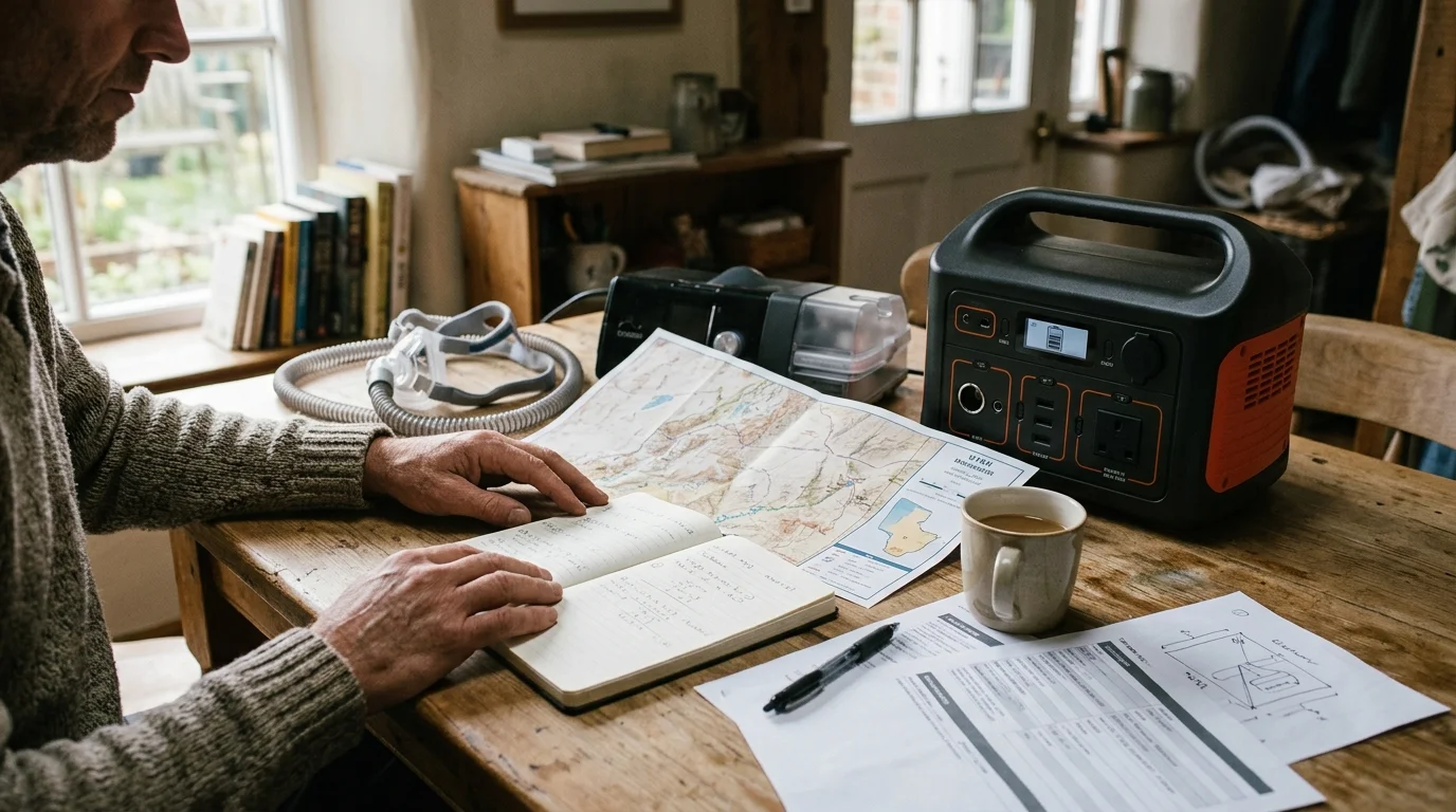 A man reviews notes and maps at a table alongside a CPAP machine, breathing mask, and portable power station.