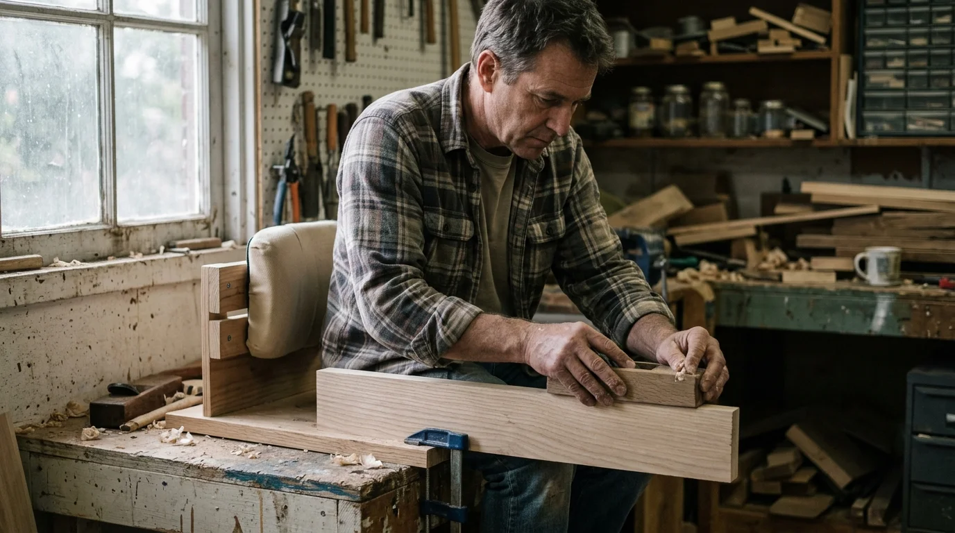A man in a plaid shirt sits at a wooden workshop bench using a wooden hand plane on a clamped timber board.