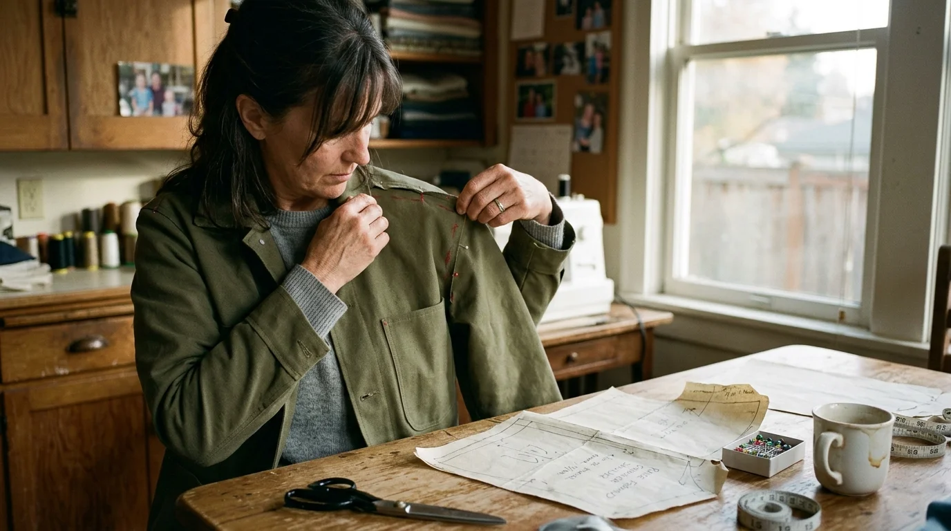 A woman wearing an olive green chore jacket inspects pinned shoulder seams at a table with sewing pattern papers.