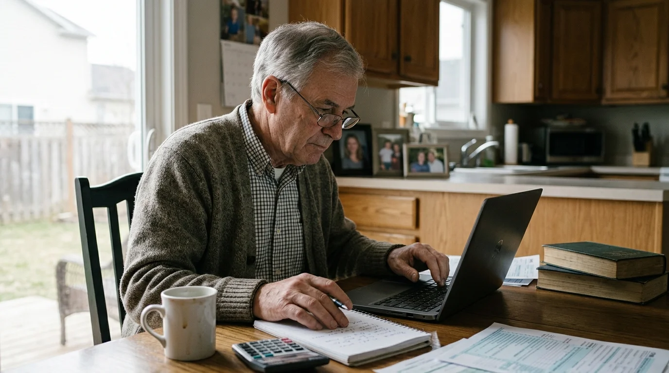 Older man with glasses working on a laptop at a kitchen table with papers, a calculator, and a notebook.