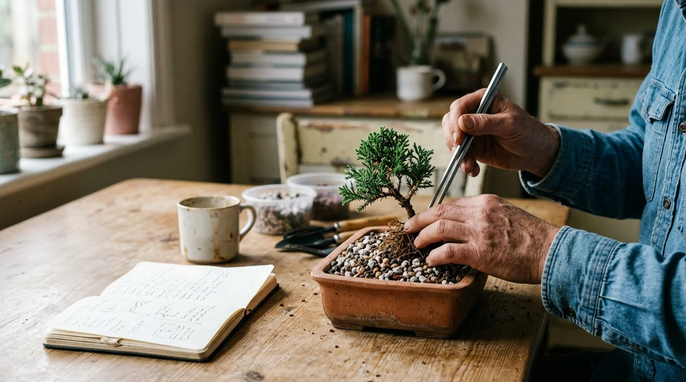 Hands using metal tweezers to pot a miniature bonsai tree into a shallow rectangular dish filled with mineral aggregate.