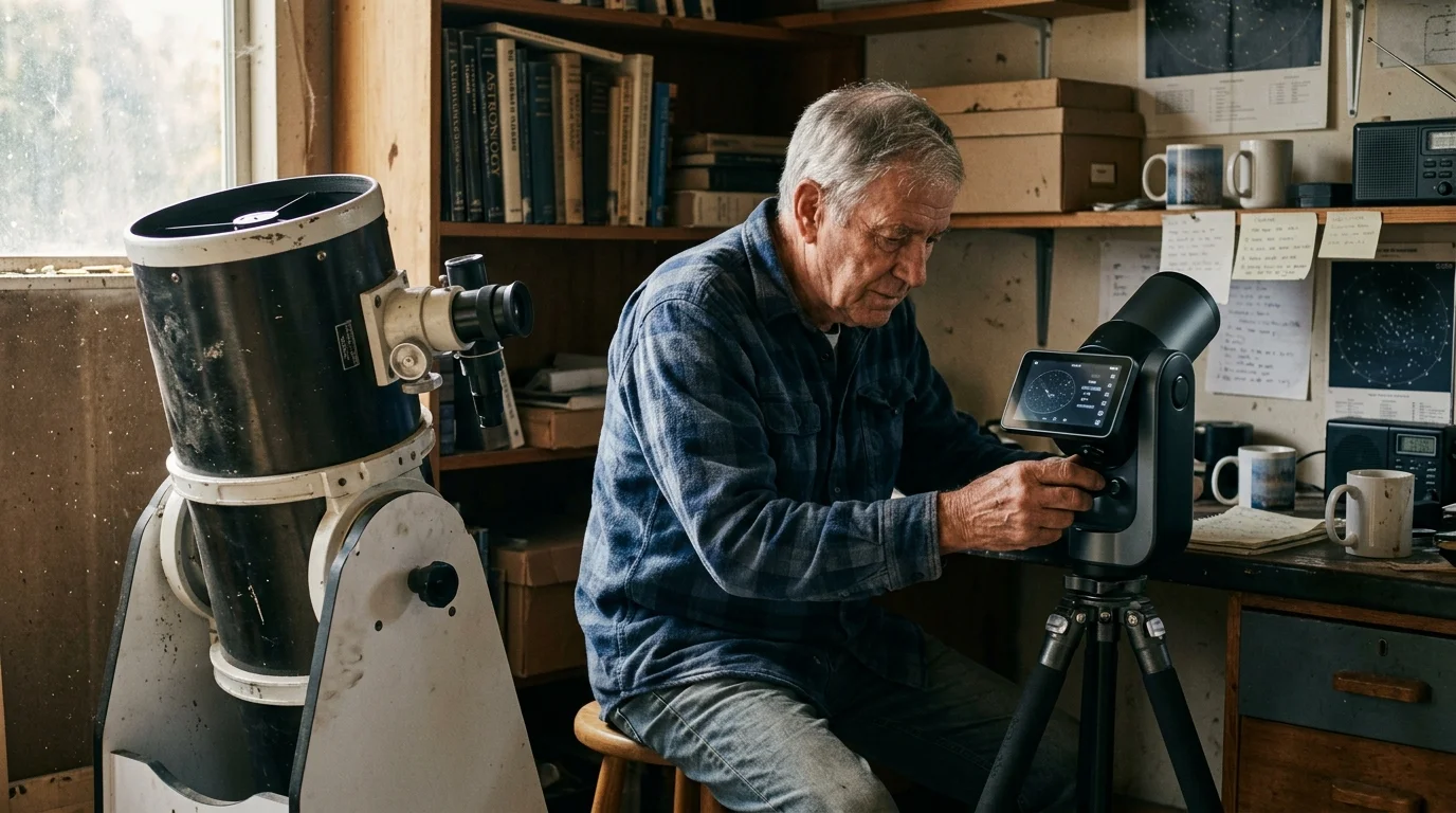 An older man adjusts a compact smart telescope on a tripod beside a large Dobsonian reflector in a workshop.