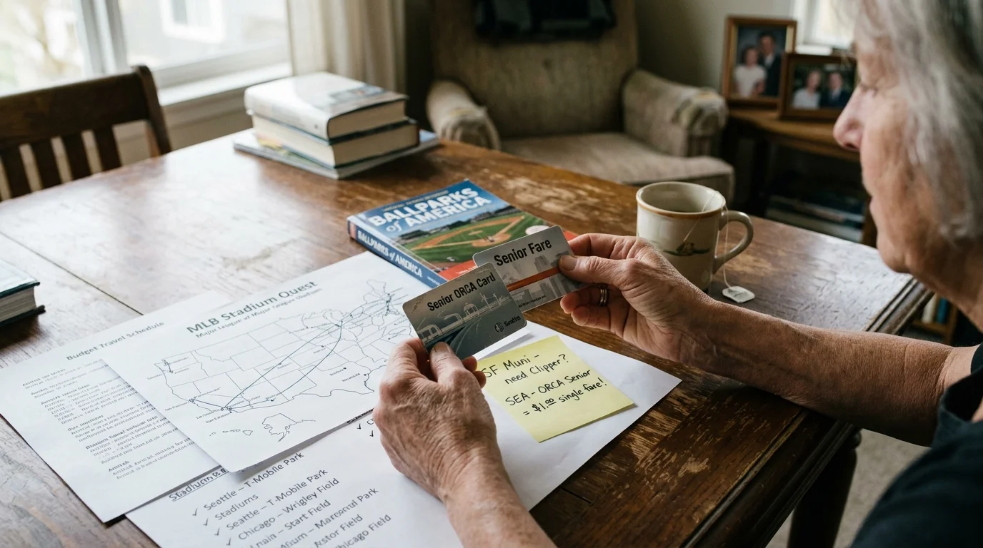 Hands holding Senior Fare and ORCA transit cards over travel notes and an MLB stadium quest route map.