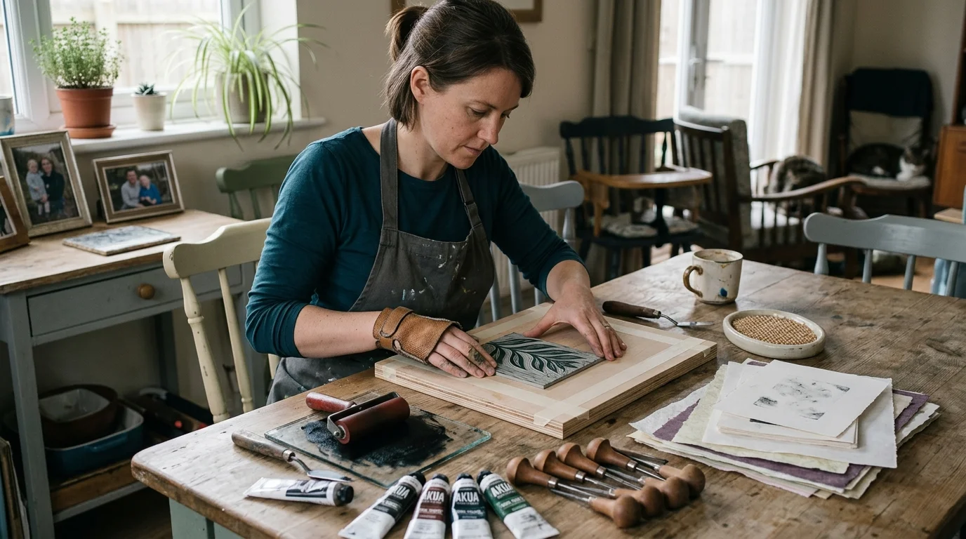 Woman in apron working on a linocut block at a wooden kitchen table surrounded by printmaking tools and inks.