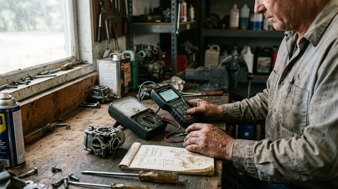 A mechanic at a wooden workbench using diagnostic meters next to a disassembled carburetor and notepad.