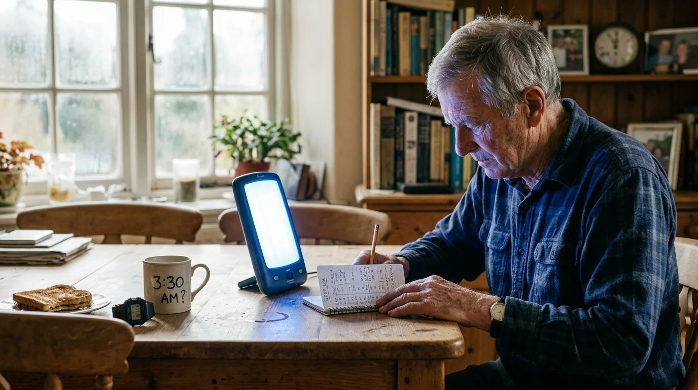 Older man sitting at a wooden kitchen table writing in a sleep log beside a glowing light therapy lamp.
