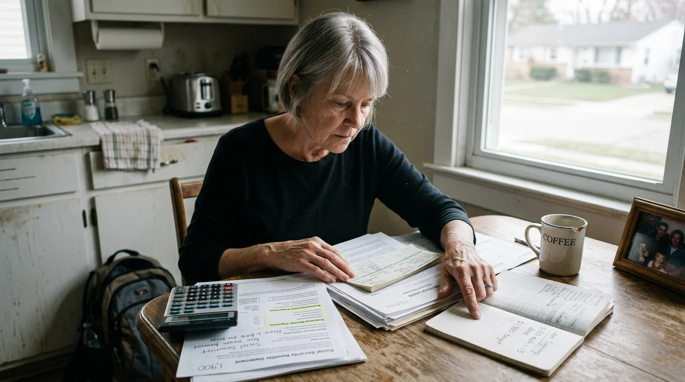 A senior woman sits at a wooden kitchen table reviewing financial papers, a ledger, and a calculator.