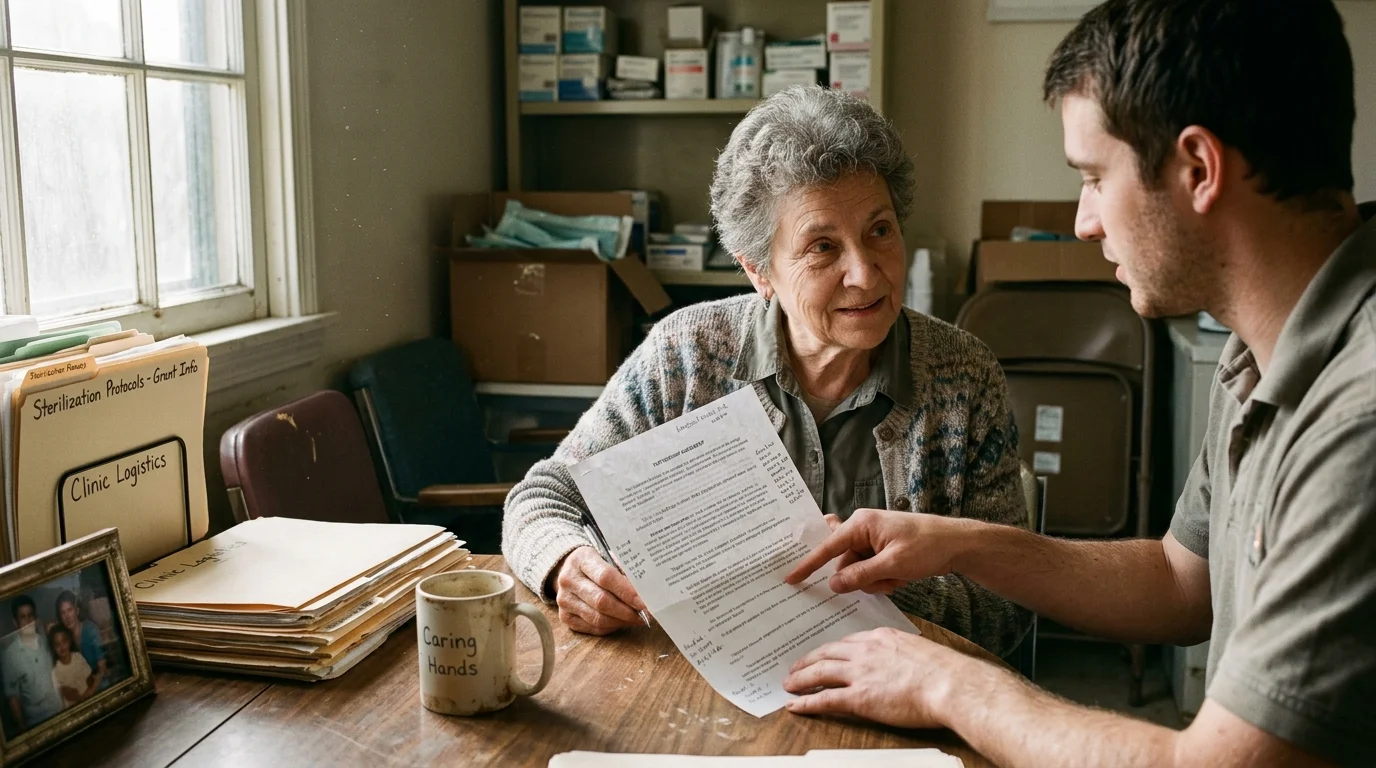 A senior woman and a man sit at a desk reviewing a printed document beside file folders labeled Clinic Logistics.