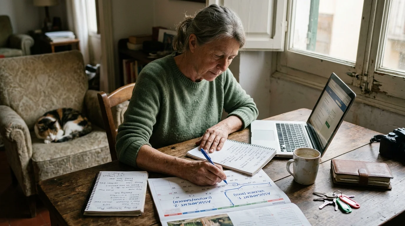 A woman writes in a calendar notebook at a wooden table beside a laptop, mug, keys, and a cat sleeping on an armchair.