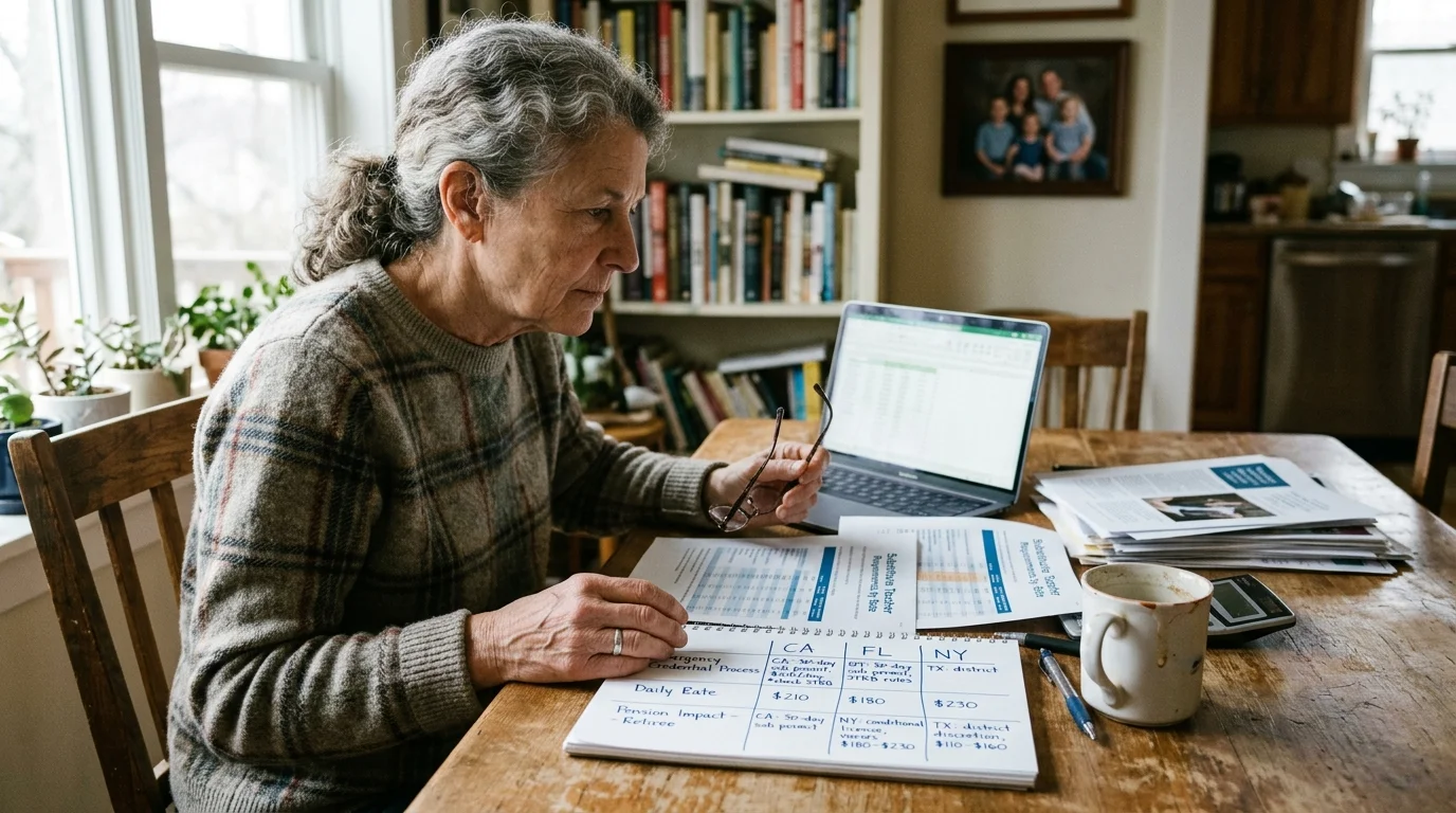 A senior woman reviews paperwork and handwritten notes comparing state teaching credentials beside a laptop at a table.