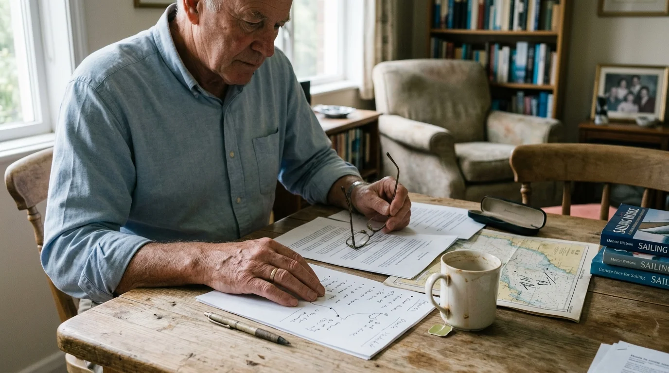 An older man sits at a wooden table reviewing papers, a map, and sailing books with glasses in hand.