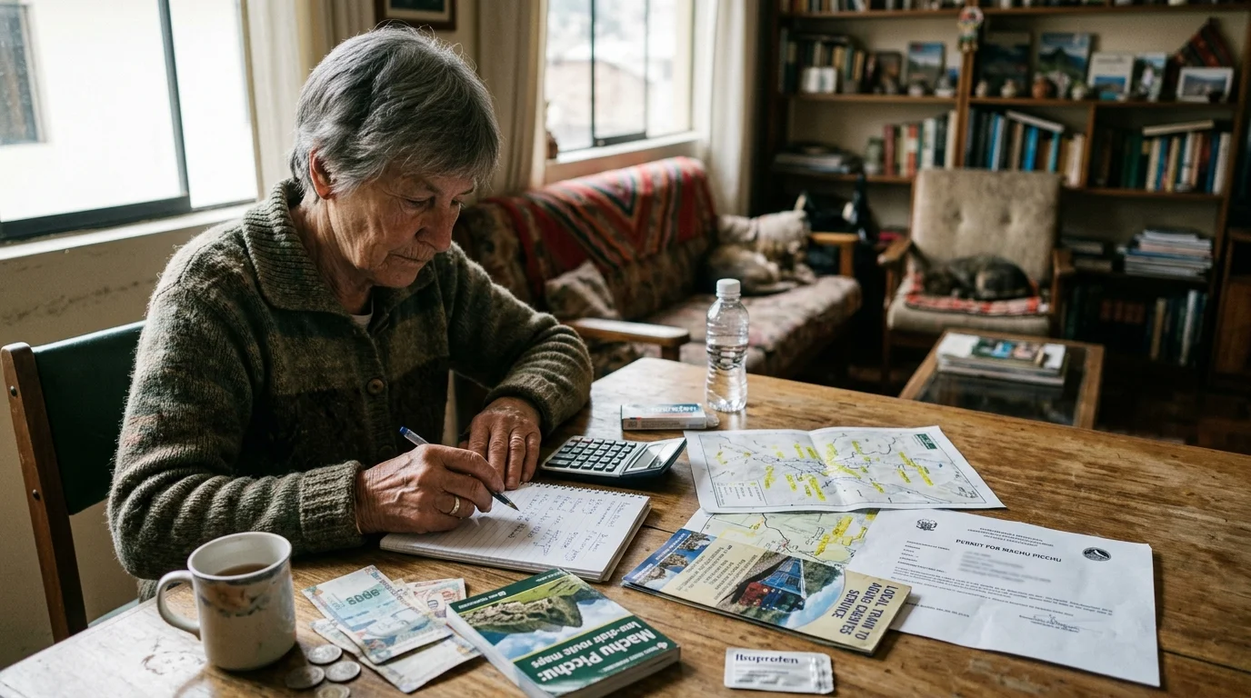 An older woman sits at a wooden table writing in a notebook near travel brochures, maps, money, and a calculator.