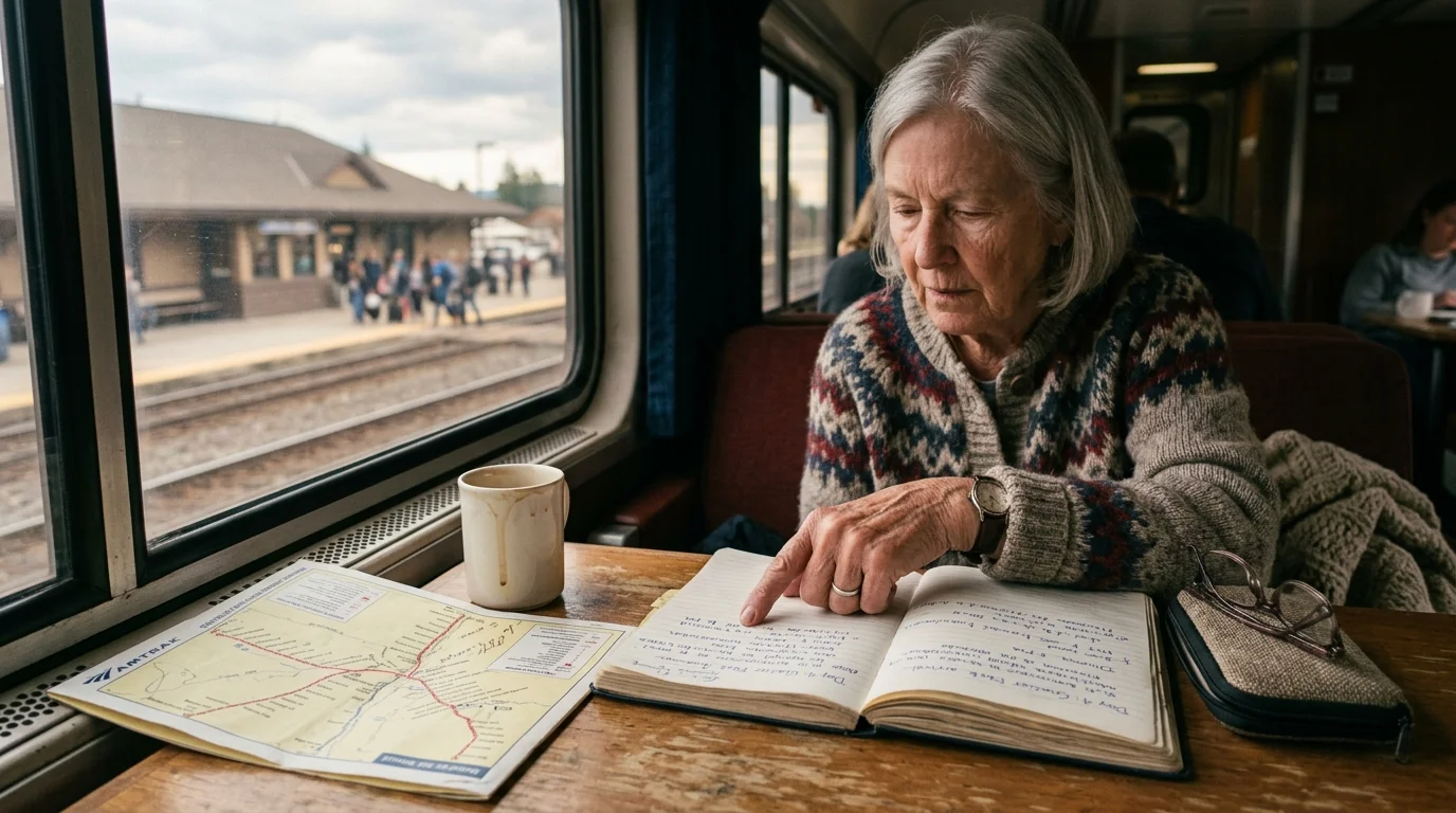 A senior woman sits at a train table with a notebook, map, and coffee mug, looking down while pointing at a page.