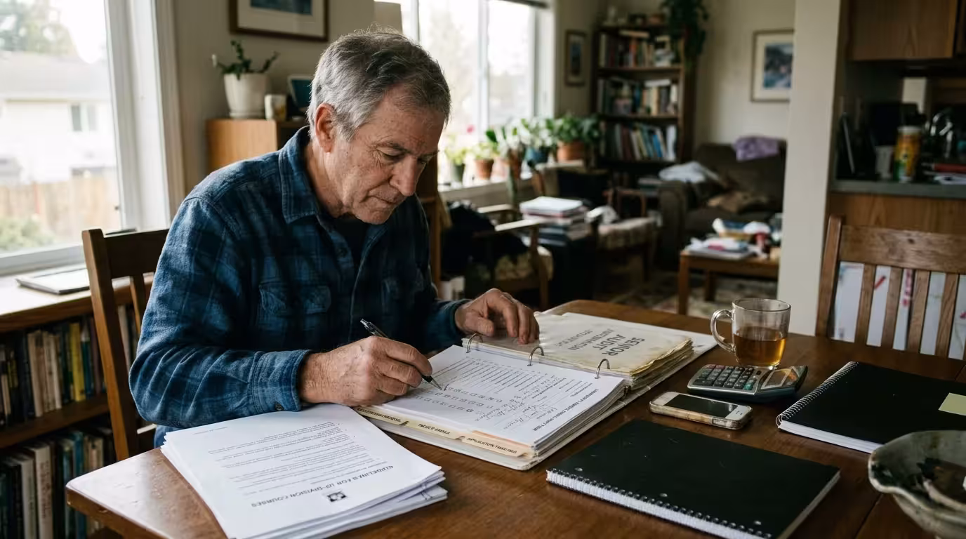 A senior man sits at a dining table filling out paperwork in an open binder next to notebooks and a calculator.