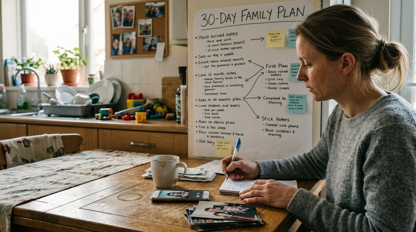 A woman sitting at a kitchen table writes in a notebook beside a large poster titled 30-Day Family Plan.