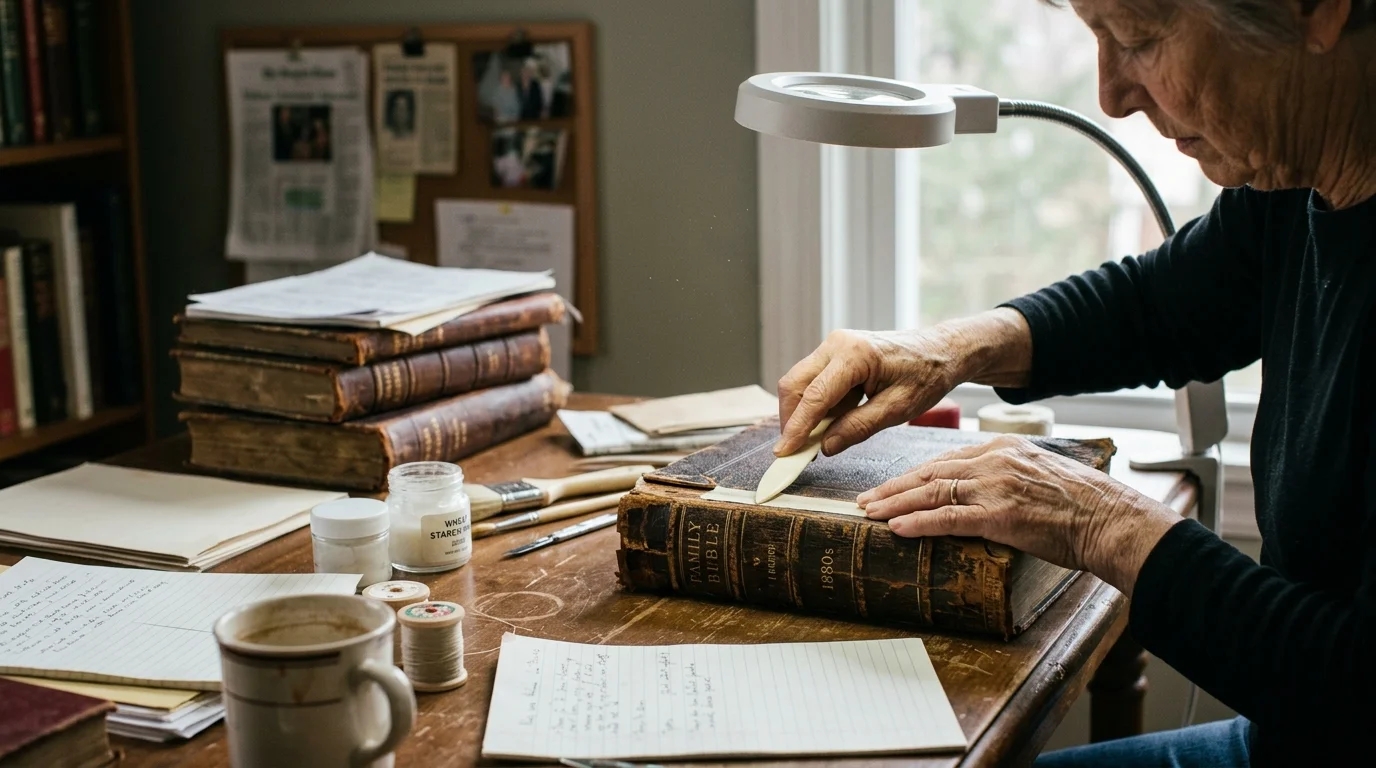 A restorer uses a bone folder under a lighted magnifier to repair the spine edge of a worn antique leather Bible.