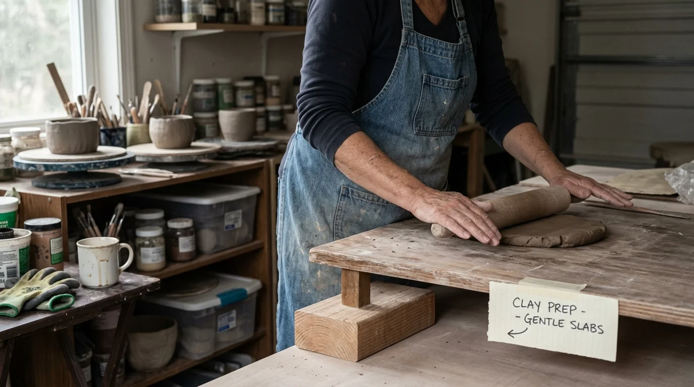 A person in a denim apron uses a rolling pin on clay set upon an elevated wooden board in a pottery studio.