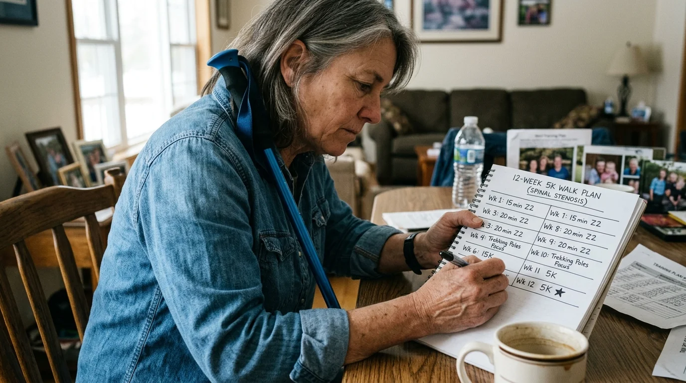 A woman sitting at a table with a trekking pole writes in a notebook titled 12-Week 5K Walk Plan.