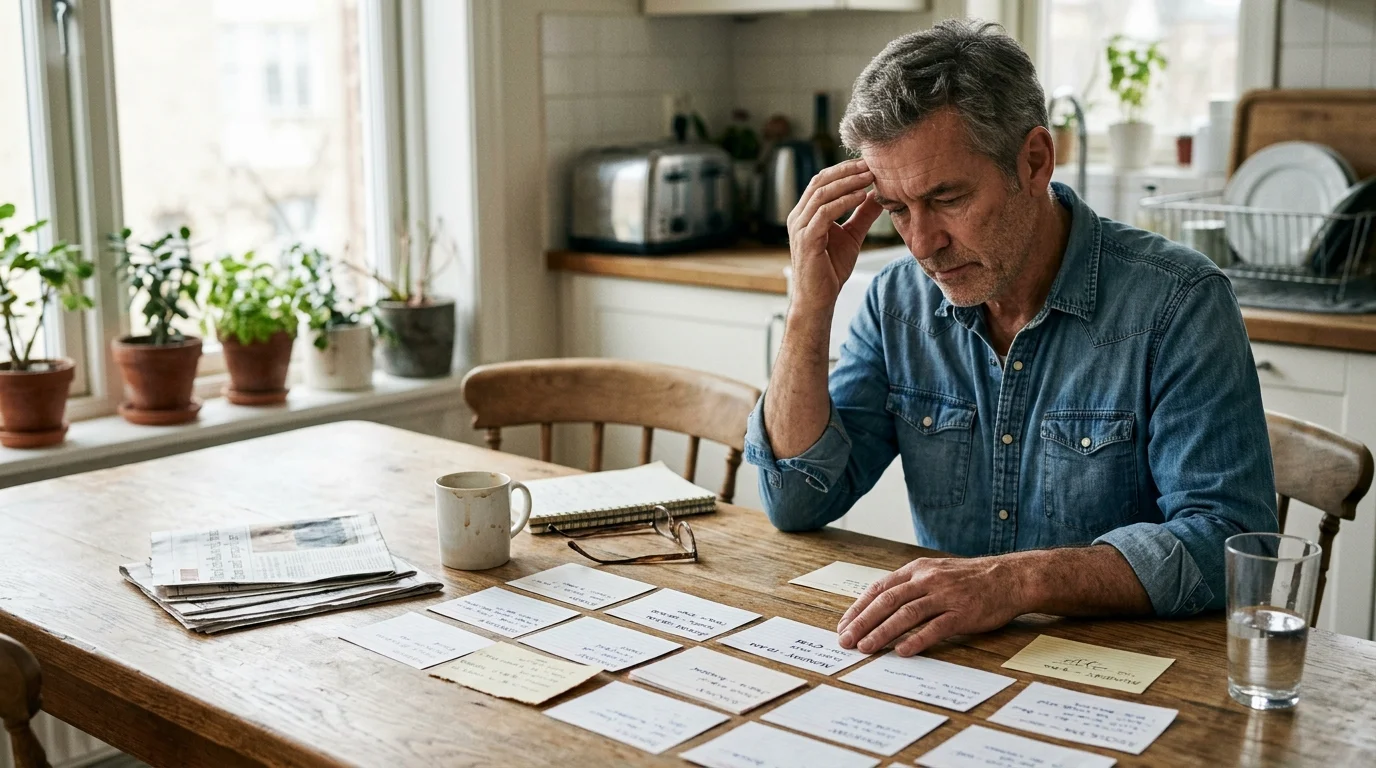 A mature man in a denim shirt sits at a kitchen table with his hand on his head, looking down at index cards.