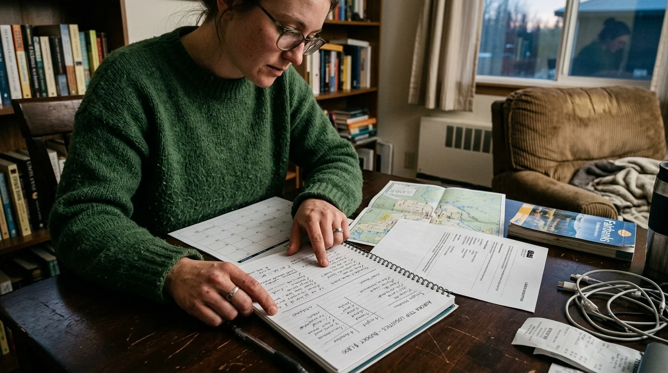 A woman in a green sweater sits at a wooden table reviewing handwritten budget notes, maps, and papers.