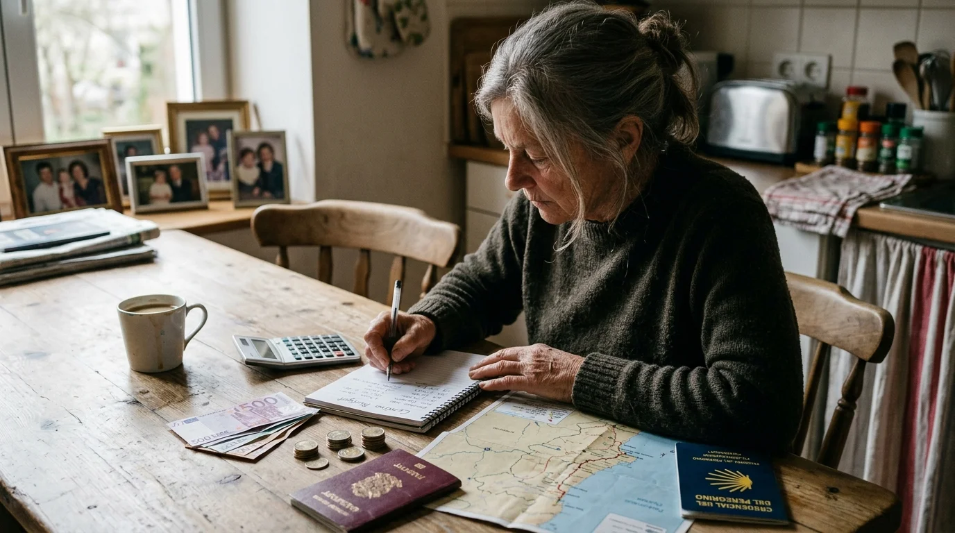 Older woman writing in a notebook at a table with a calculator, map, euro currency, and pilgrim passport.