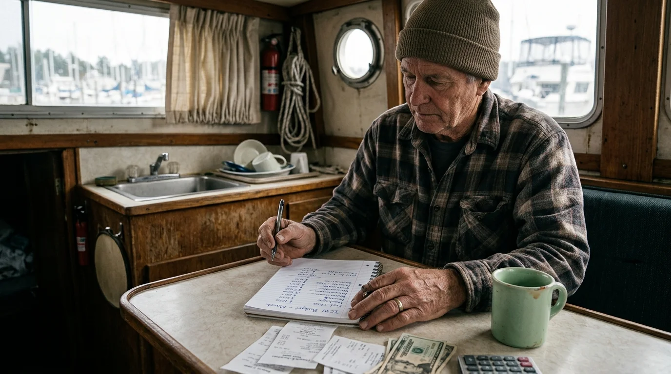 A man in a beanie and flannel shirt sits at a boat cabin table writing budget calculations beside cash and receipts.
