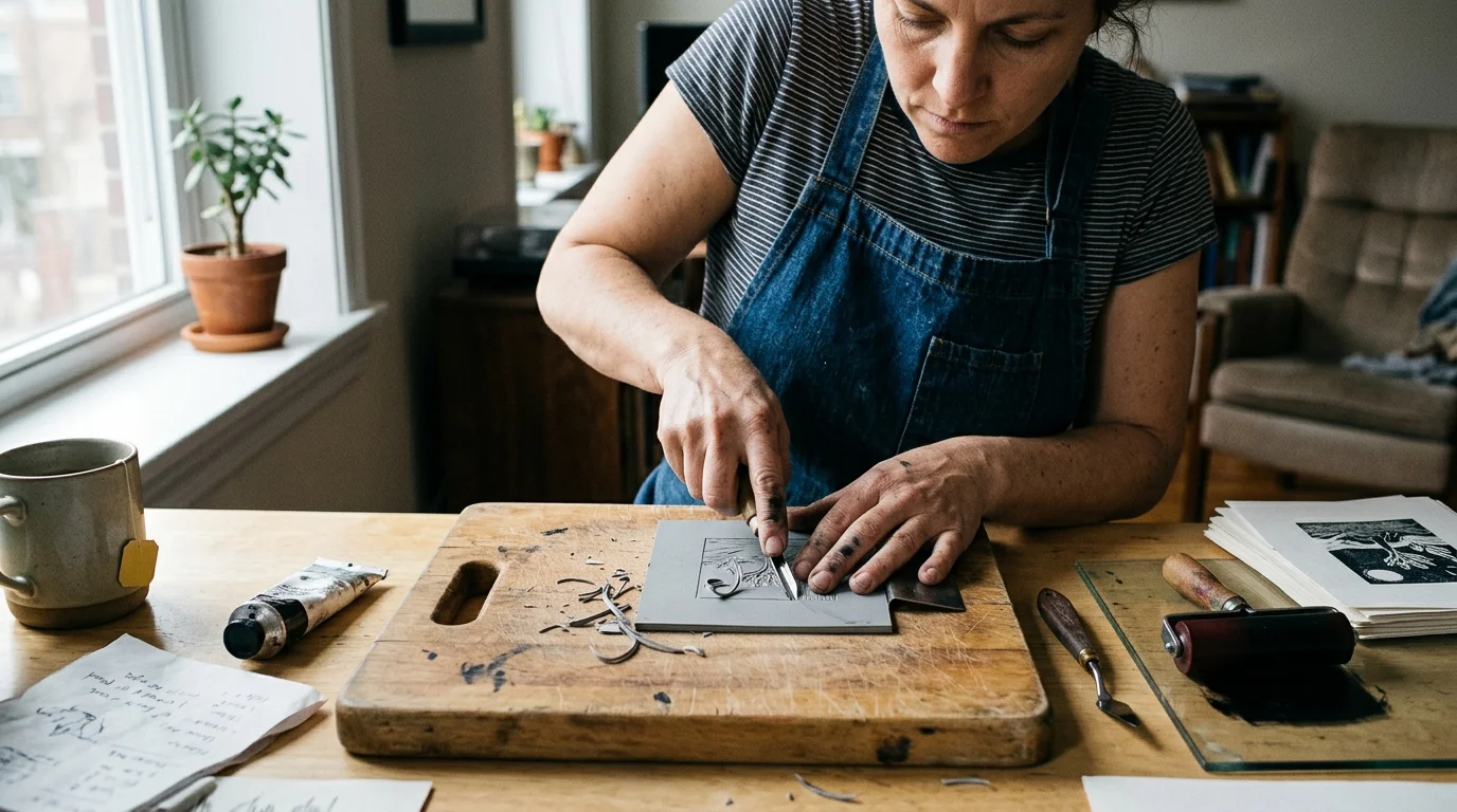 Woman carving a linocut block on a wooden board beside a brayer, palette knife, and ink tube on a desk.