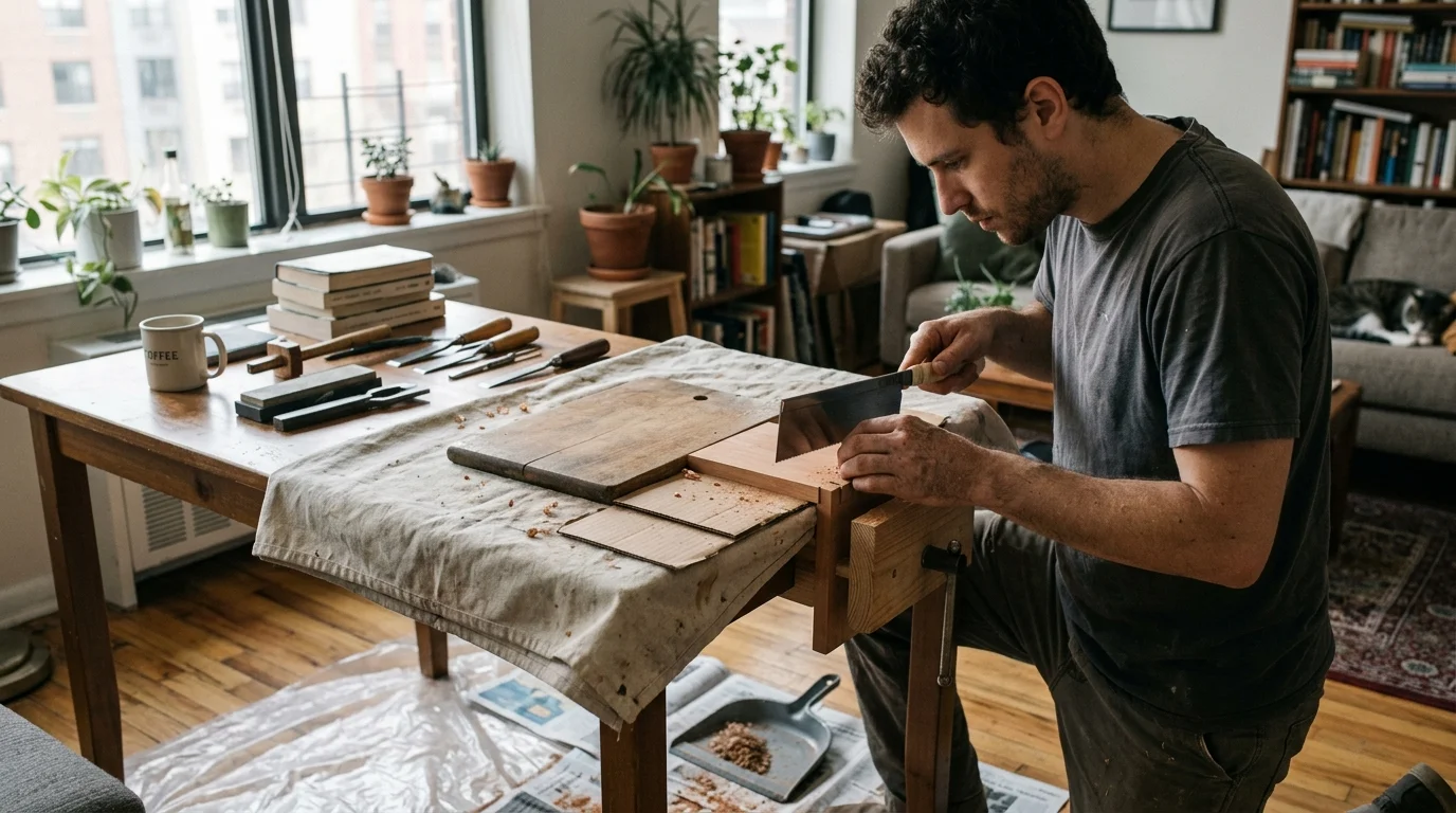 A man uses a Japanese hand saw to cut wood on a wooden dining table fitted with a bench vise in an apartment.