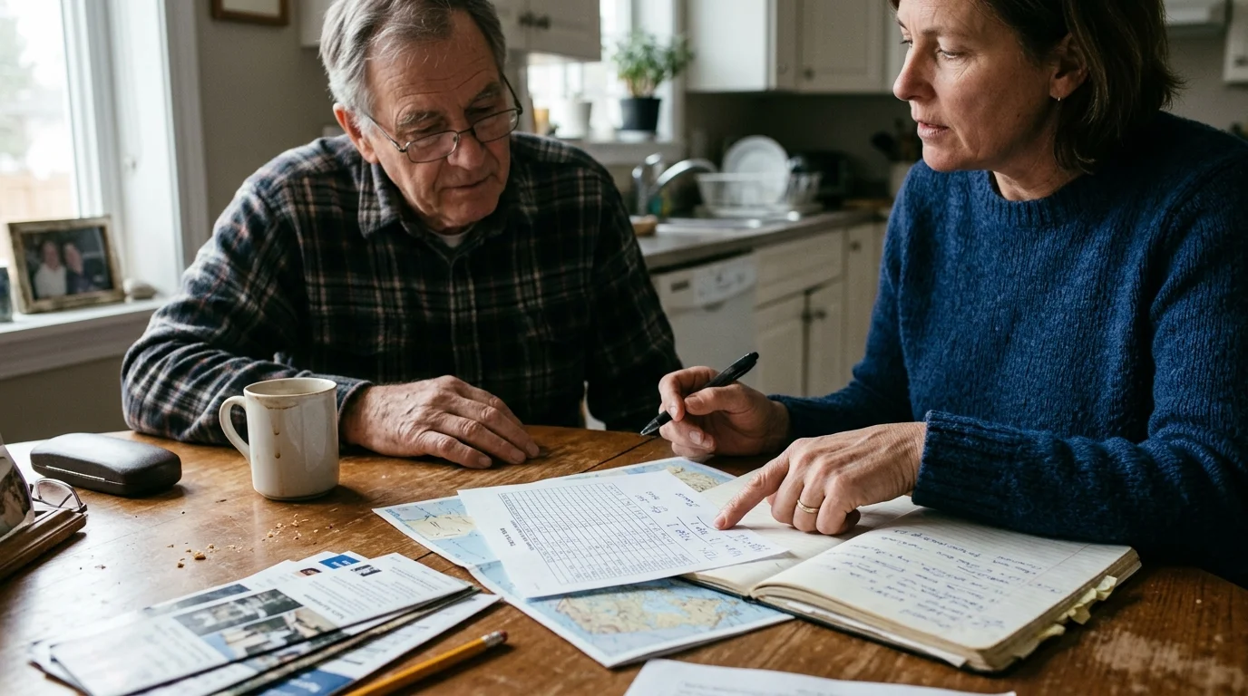 A senior man and woman review travel documents, a map, and a notebook while sitting together at a wooden kitchen table.