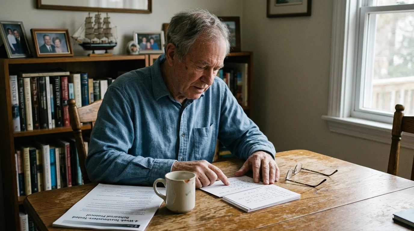 Senior man sitting at a wooden table reviewing handwritten index cards alongside printed notes and a coffee mug.