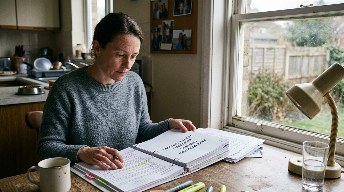 A woman sitting at a kitchen table reads through an open binder of basic mediation training materials.