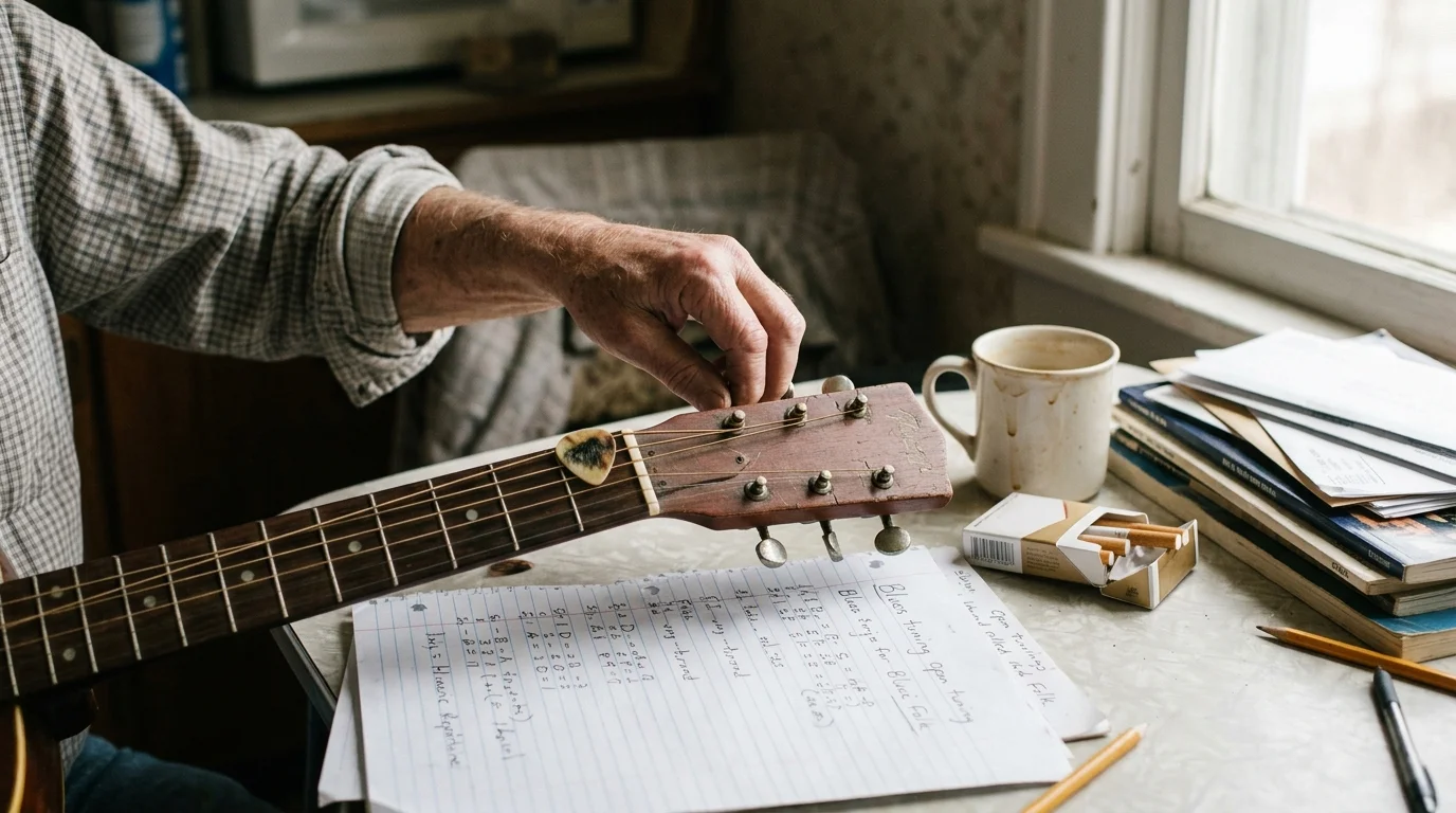 Close-up of hands tuning an acoustic guitar headstock above handwritten notes, a coffee mug, and papers on a table.