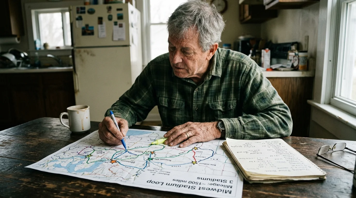 A man sits at a kitchen table using a blue pen and yellow highlighter to trace driving routes on a paper road map.
