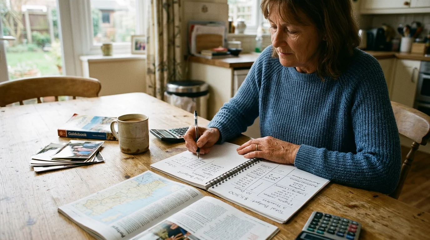 A woman writing budget notes in a spiral notebook at a wooden table with a calculator, map, and coffee mug.