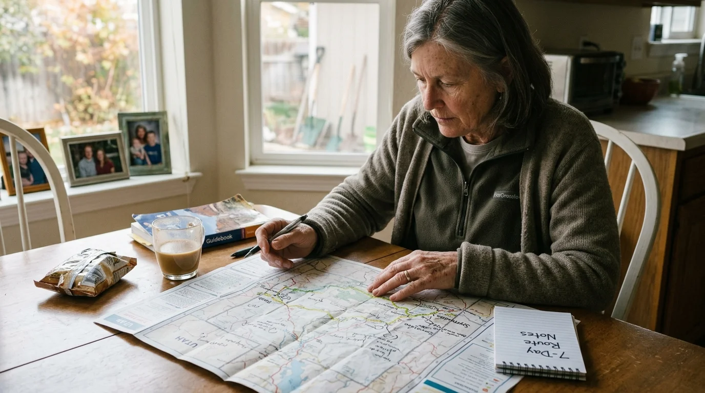 A woman sitting at a dining table studying a road map with a pen and notepad nearby.