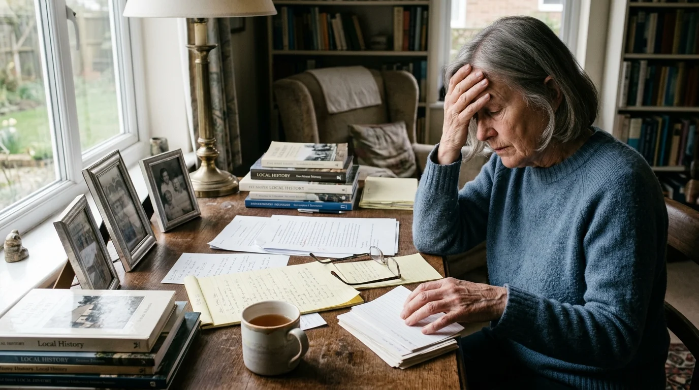 An older woman holds her forehead in stress while reviewing notes, books, and index cards at a wooden desk.