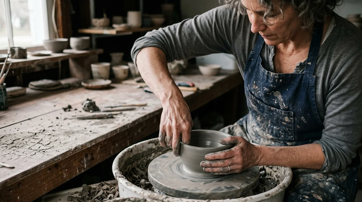 Woman in an apron shaping a clay bowl on a potter's wheel inside a rustic ceramic studio.