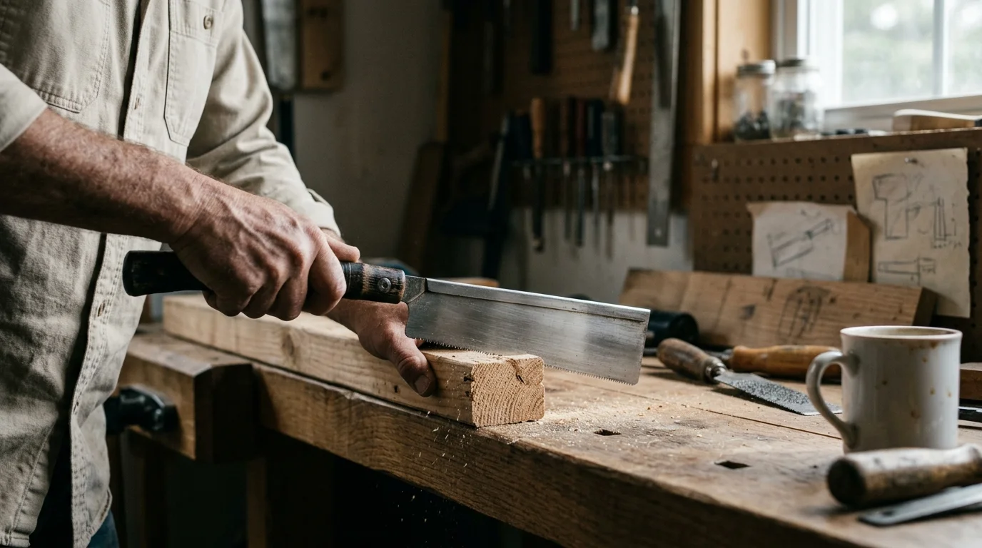 A woodworker cutting a piece of lumber on a wooden workbench using a Japanese hand saw.