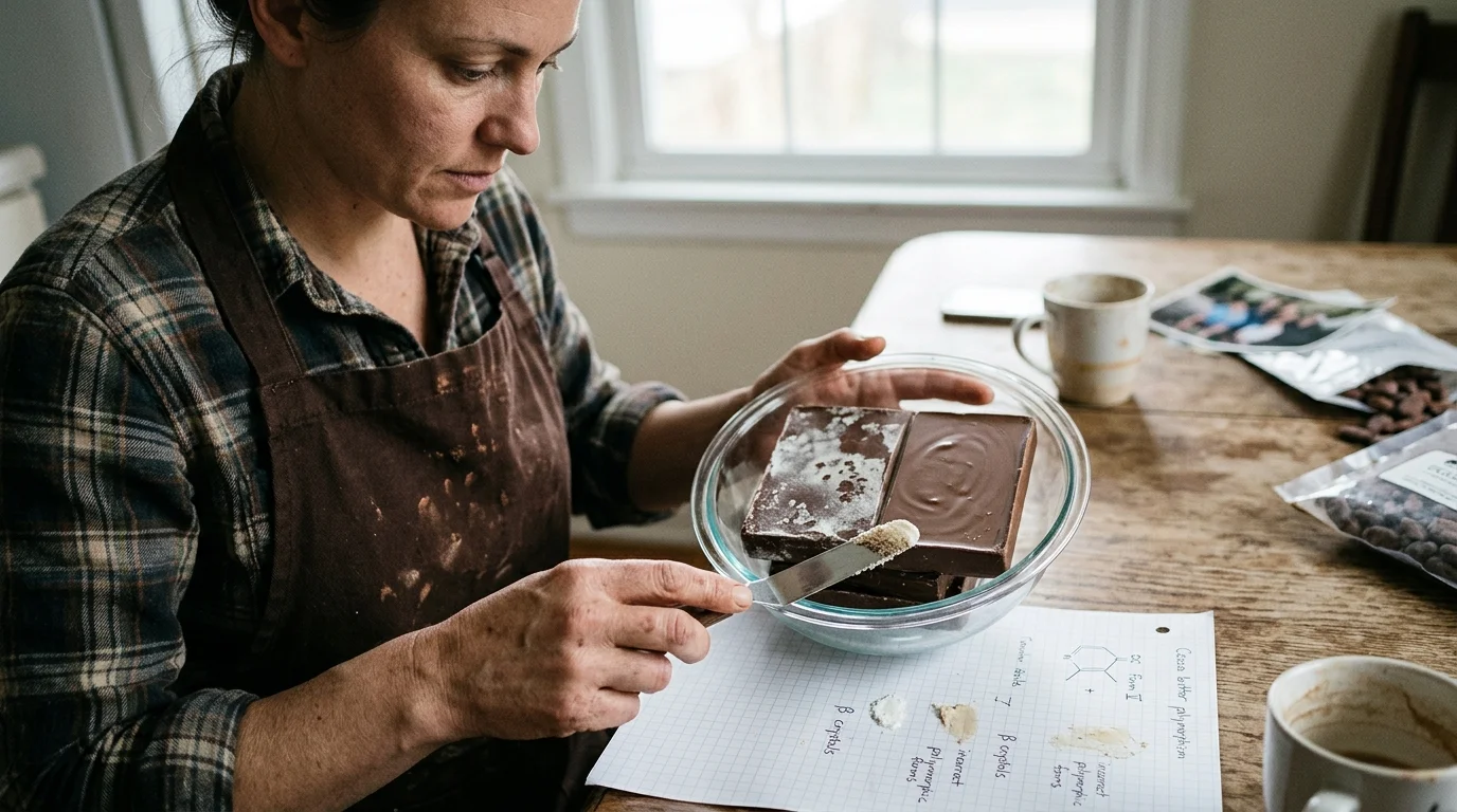 A woman in an apron tests chocolate bars in a glass bowl beside handwritten notes on cocoa butter polymorphism.