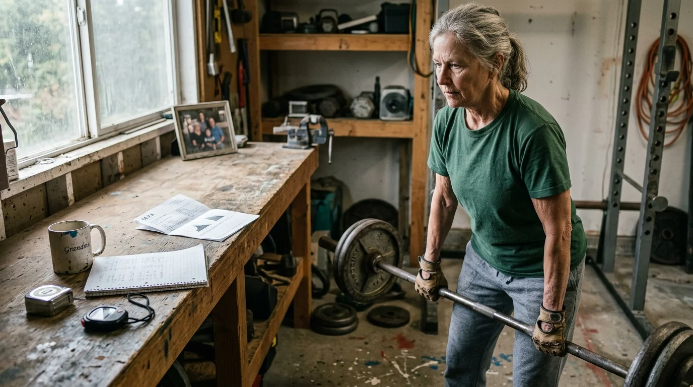 An older woman lifts a weighted barbell in a home garage gym next to a wooden workbench with papers.
