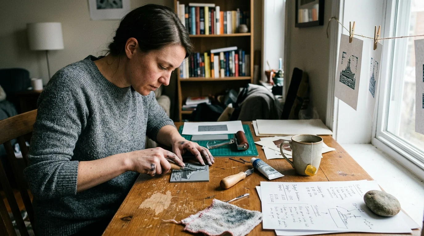 A woman carves a linoleum block at a wooden desk with carving tools, a brayer, ink, and prints hanging by a window.